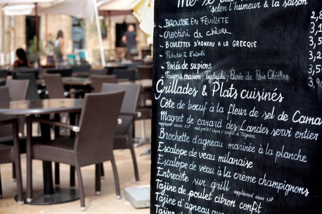Restaurant in Paris with menu.